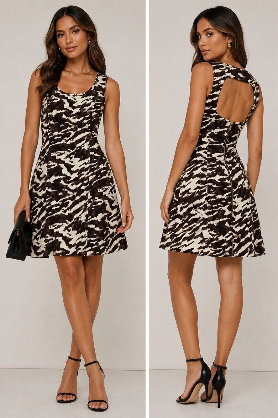 Michael Kors Zebra Print Cutout Back Fit & Flare Dress Brown Ivory Size 2